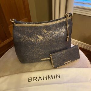 Brahmin Blue and Bronze Floral Embossed bag and matching wallet
